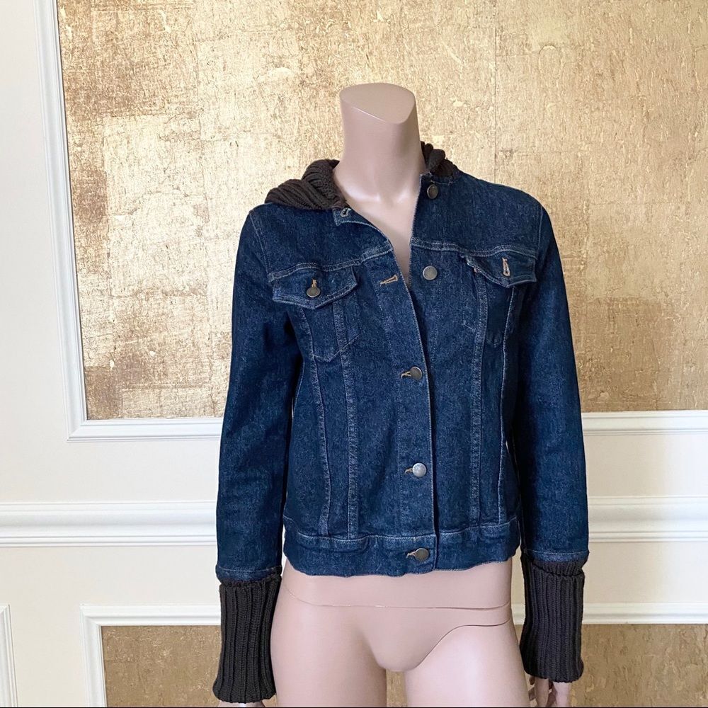 Theory jean jacket & brown knit hoodie & cuffs S